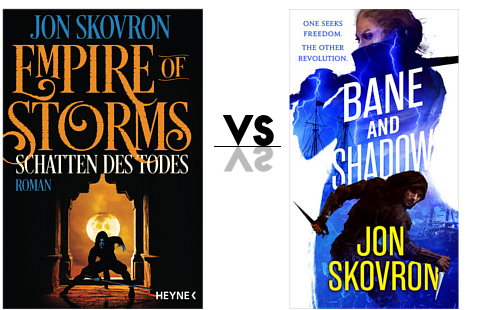 Coververgleich zum Buch Empire of Storms Schatten des Todes. Links das deutsche Cover, rechts das originale Cover.