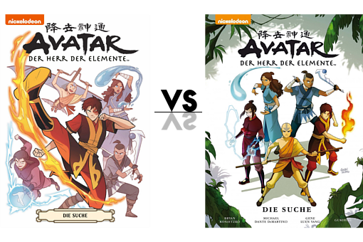 Coververgleich zum Comic Avatar der Herr der Elemente: Die Suche. Links das deutsche Cover, rechts das originale Cover.