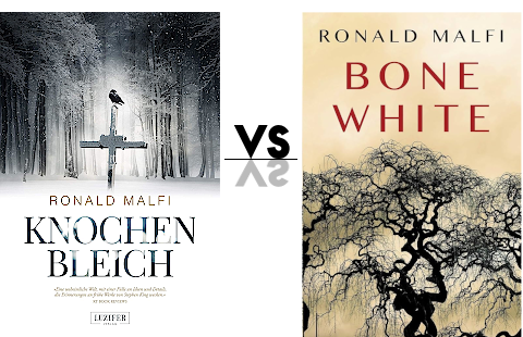 Miss Pageturner Buchblog. Grafik zum Coververgleich zum Buch Knochenbleich von Ronald Mafi. Links das deutsche Cover, rechts das Original..