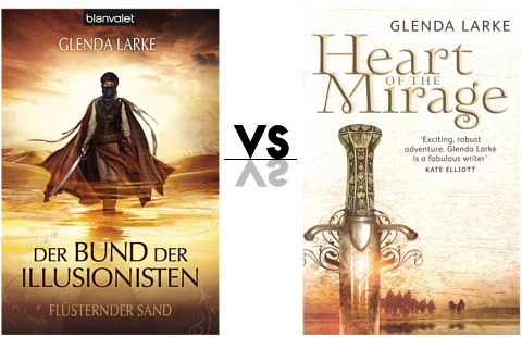 Coververgleich zum Buch Der Bund der Illusionisten: Flüsternder Sand. Links das deutsche Cover, rechts das originale Cover.